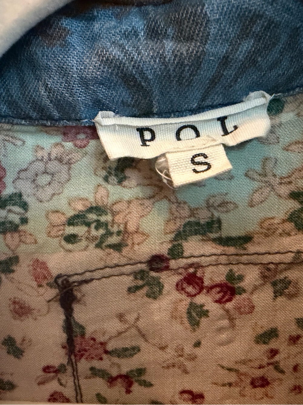 POL Patchwork Light Blue Denim Jacket with Floral & Plaid Accents - Picture 9 of 14